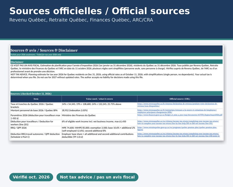 Quebec Self Employed Tax Estimator 2026, QPP Both Shares, Quarterly Instalment Schedule, Blank and Filled Example, Official Sources, Excel image 3
