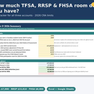 TFSA RRSP FHSA Tracker 2026 All-in-One, Canada Contribution Room Spreadsheet, Over-Contribution Penalty Warnings, Google Sheets Excel image 1