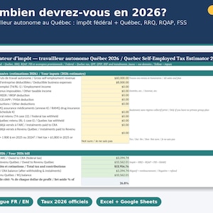 May include: A bilingual 2026 Quebec self-employed tax estimator spreadsheet. The document features sections for gross revenue, business expenses, and tax calculations, displaying a total tax and contribution bill of $13,956.76.