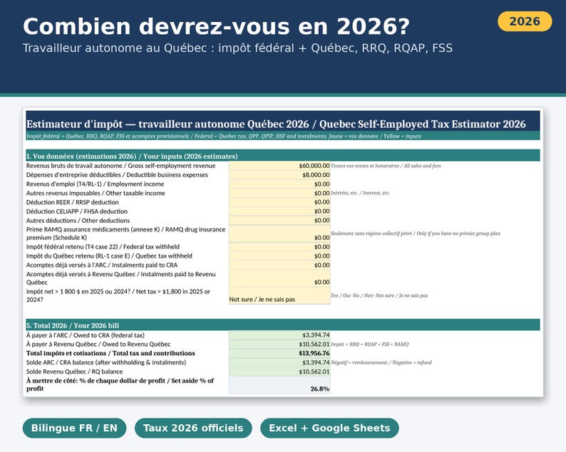 Quebec Self Employed Tax Estimator 2026, QPP Both Shares, Quarterly Instalment Schedule, Blank and Filled Example, Official Sources, Excel image 1