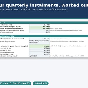 Self Employed Tax Calculator Canada 2026, CPP & CRA Instalment Planner, Ontario BC Alberta Freelancer Spreadsheet, Google Sheets Excel image 2