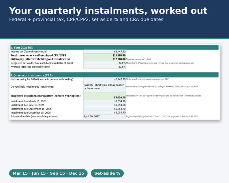 Self Employed Tax Calculator Canada 2026, CPP & CRA Instalment Planner, Ontario BC Alberta Freelancer Spreadsheet, Google Sheets Excel image 2