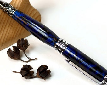 Crepe Myrtle pen in blue with chrome sculpted arbor setting