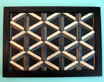 Optical illusion wood art, Escher-like geometric wooden wall art