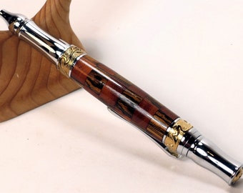 Harlequin wood pen in chrome and gold setting