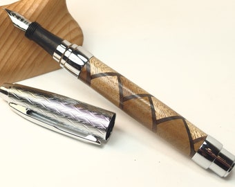 Zig zag fountain pen, iroko and black walnut wood pen in chrome setting