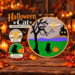 Halloween Cat Embroidery Pattern PDF, Spooky Tree Haunted House Pumpkin Design, Printable Hand Embroidery Hoop Art, Digital Download