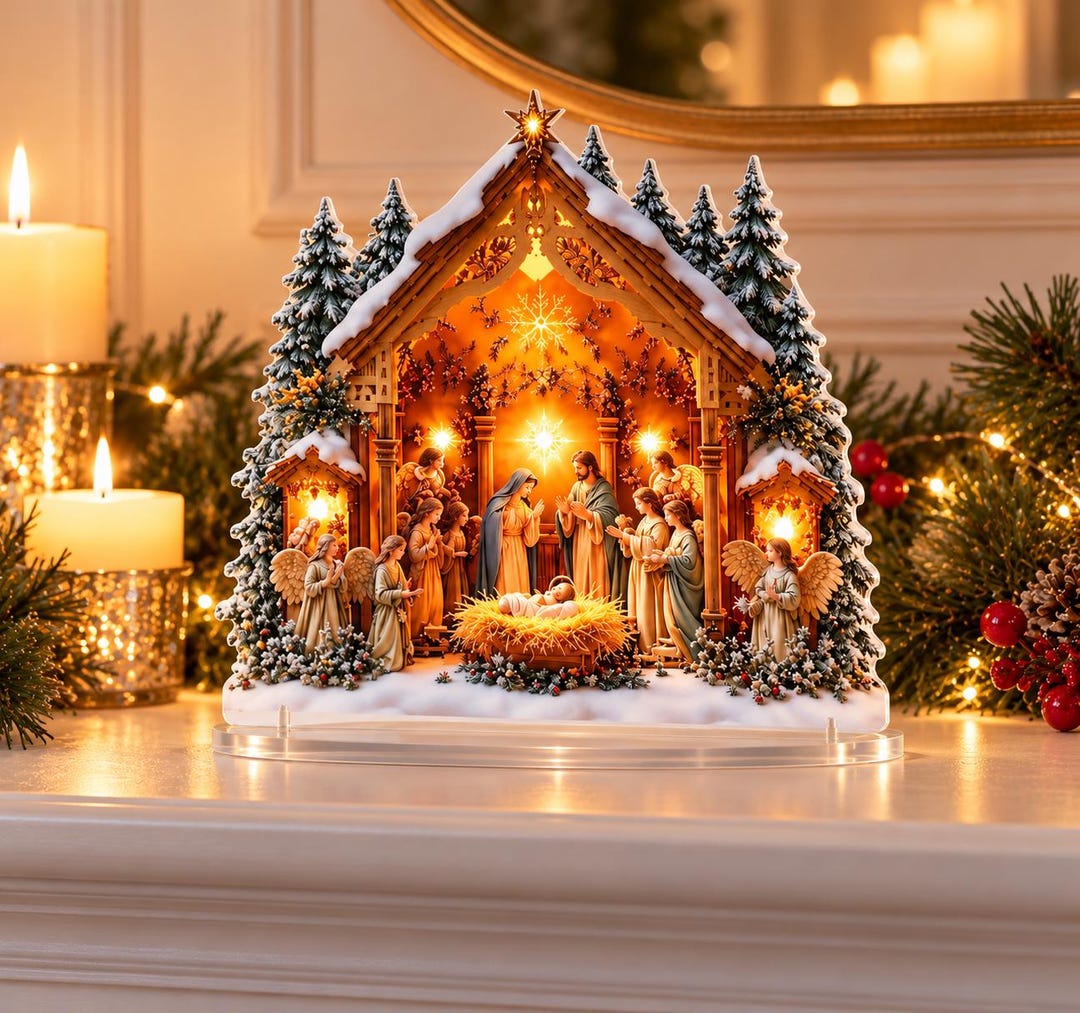 Nativity Scene Making Nativity Scene With Snowy Stable, Christmas Tabletop Centre Piece, Back ...