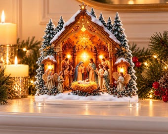 Crèche avec étable enneigée, centre de table de Noël, de retour à la demande générale