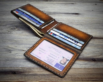 Double ID Window Pocket Full-Grain Leather Wallet for Men, Personalized Engraving, Handmade in Italy