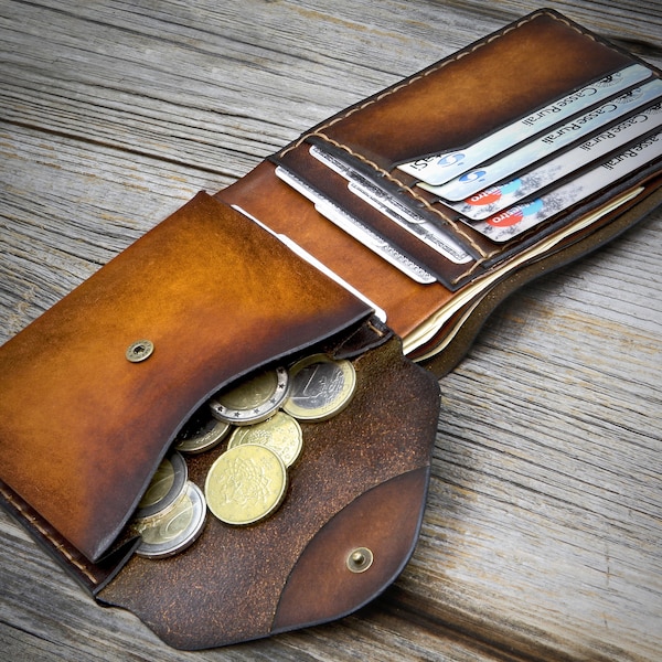 Cartera de piel auténtica italiana con monedero, personalizada y hecha a mano en Italia.