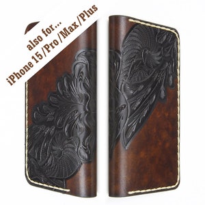 iPhone Handtooled Leather Wallet Case, iPhone 15 Pro Max Leather Folio Case, Custom made for all iPhone models 14,13,12,11,SE,Pro,Max,Plus