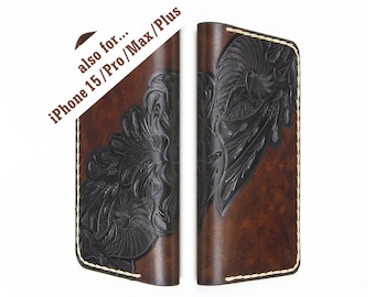 Galaxy S25 Ultra Handtooled Leather Wallet Case, Galaxy S24 Ultra Leather Folio Case, Custom made for all Samsung Galaxy models, S23, S22...