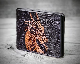 Fully Hand tooled Dragon design leather wallet for men, mens leather wallet, personalized with initials or name, handmade in Italy