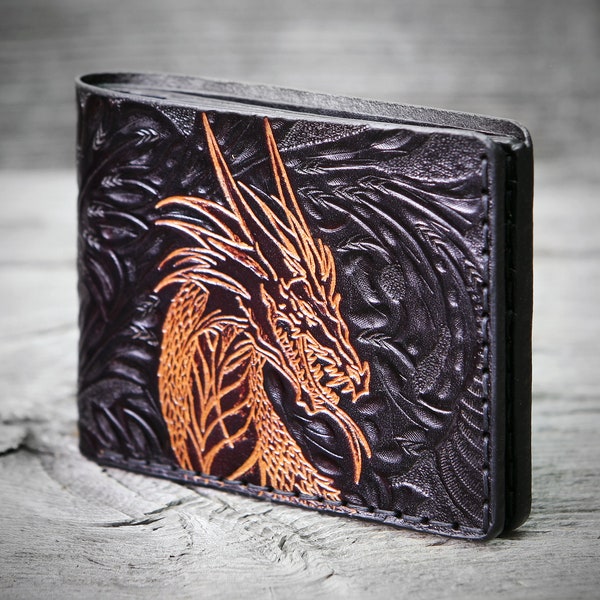 Dragon Wallet for Men, Unique Engraved Leather Wallet, Hand Carved Mens Leather Wallet, Personalized Dragon Hand tooled Fancy Leather Wallet