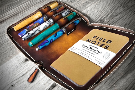 Leather Journal Cover: Pen Holder, Zippered Field Notes Case, A6 Moleskine Notebook