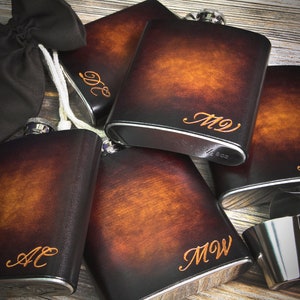 Personalized Italian Genuine Leather Flask Set: Hand-stitched, Engraved Groomsmen Gift