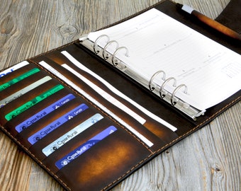 Planificador de anillas de cuero italiano hecho a mano: Tarjetero organizador A5 personalizado
