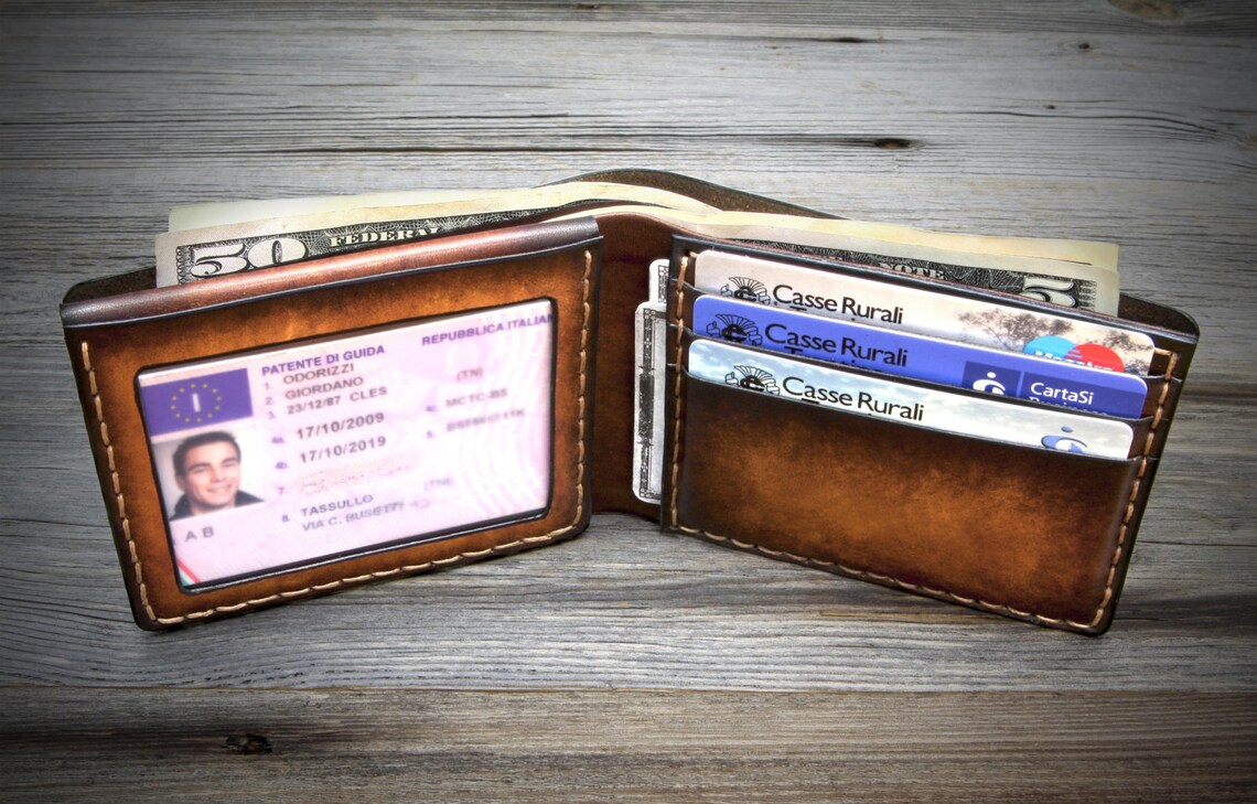 Leather mens wallet with ID window pockets leather Wallet for Etsy