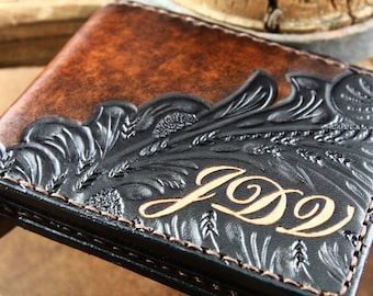 Hand-tooled Italian Leather Wallet for Man. Carefully hand-crafted in Italy. Free Personalized Hand-Writing Initials or Name