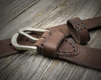 Vintage Look Aged Brown Leather Belt, Custom Length and Buckle