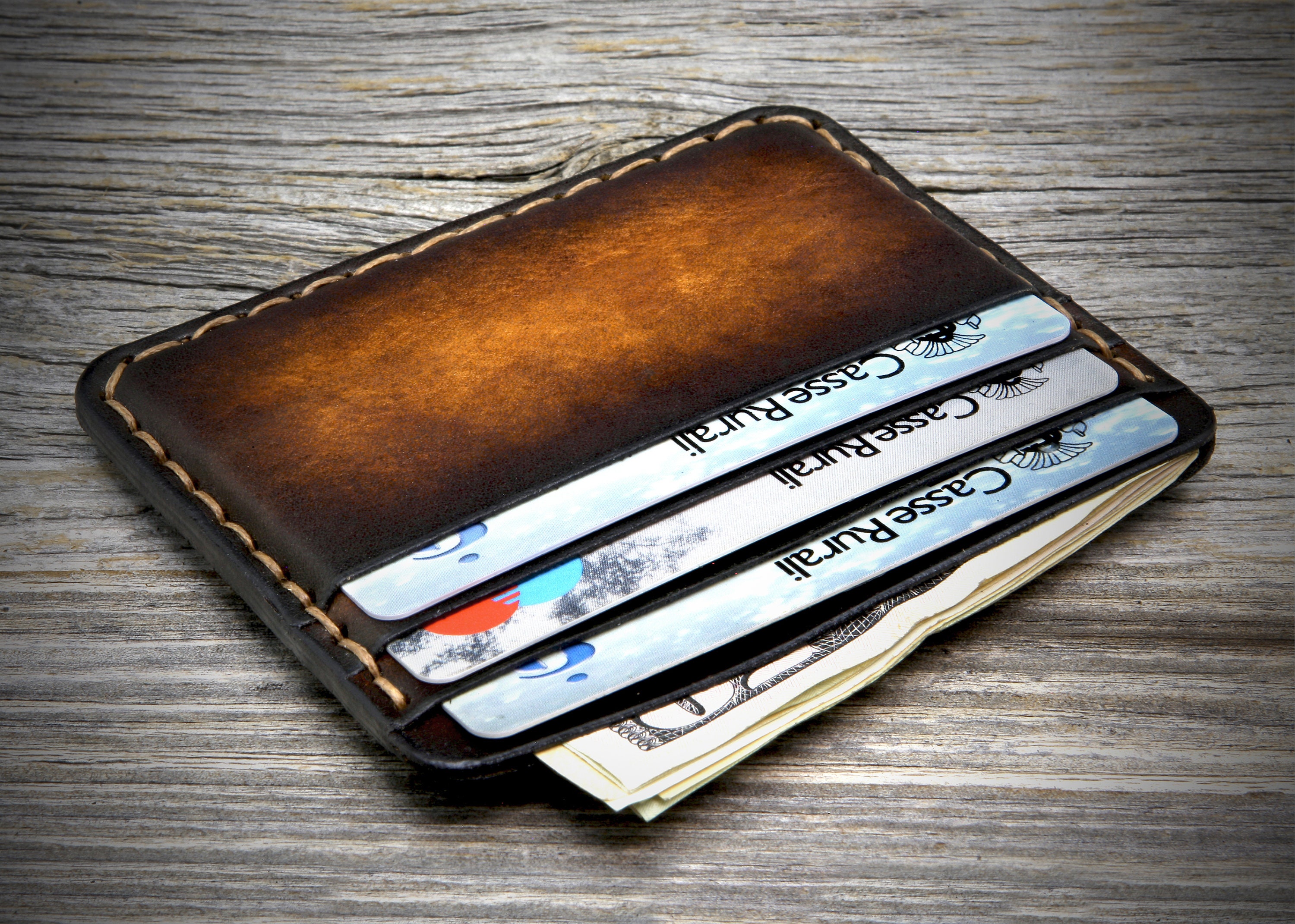 Leather Credit Card Wallet With Detachable Keychain, Mini Wallet