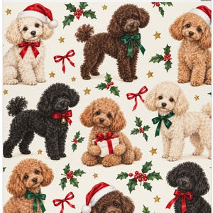 May include: A repeating pattern featuring various poodles in shades of cream, brown, and black, adorned with red and green bows, Santa hats, and holly sprigs. The design includes small gold stars and gift boxes on a light cream background.