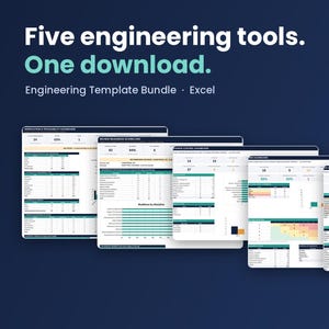 Puede incluir: Un paquete de plantillas de ingeniería para Excel que incluye cinco paneles con tablas de datos, gráficos y métricas. El fondo azul oscuro muestra el texto Five engineering tools. One download. Engineering Template Bundle. Excel, además de 5 workbooks, 5 guides, 5 worked examples e instant download.