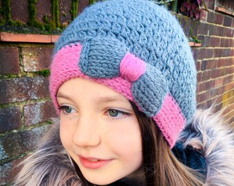 Crochet Pattern - Bow Hat , slightly slouchy crochet hat, Baby to Adult Sizes, PDF File download, Crochet Hat Pattern by Glorious Unique