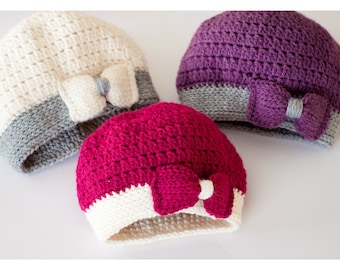 Crochet Pattern - Bow Hat , slightly slouchy crochet hat, Baby to Adult Sizes, PDF File download, Crochet Hat Pattern by Glorious Unique