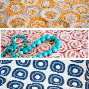 May include: Three crocheted blankets in different patterns and colors. The top blanket is a hexagonal pattern in beige, brown, and yellow. The middle blanket is a pink swirl pattern. The bottom blanket is a white and blue circle pattern.