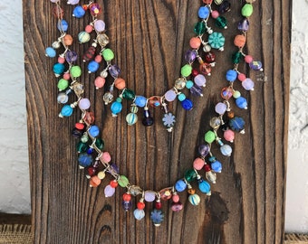 Crochet beaded Necklace with Czech glass drops, Boho Hippie jewelry