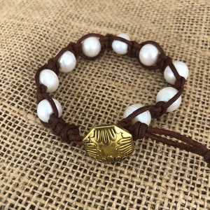 boho pearl and leather bracelet shabby chic jewelry womens gift fair trade bracelet pearl bracelet white pearls