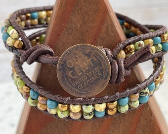 Sundance style double wrap bracelet wheat penny button Fair Trade Handmade bracelet women’s gift