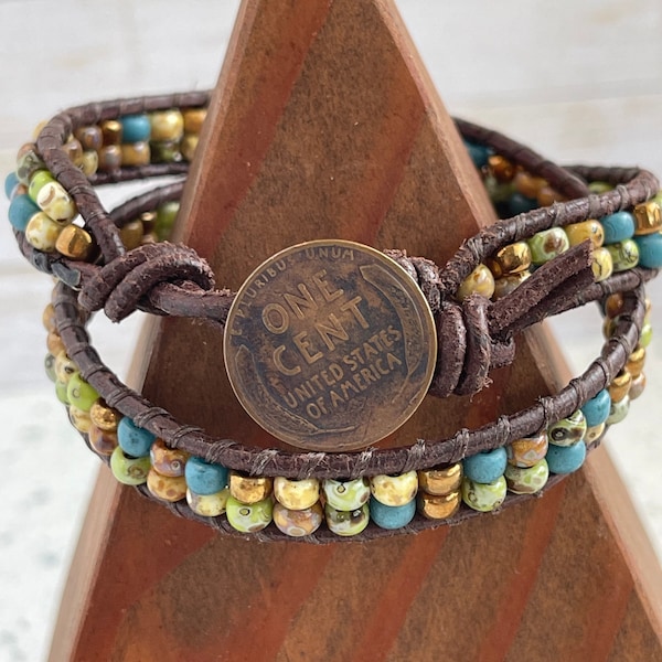 Sundance style double wrap bracelet wheat penny button Fair Trade Handmade bracelet women’s gift