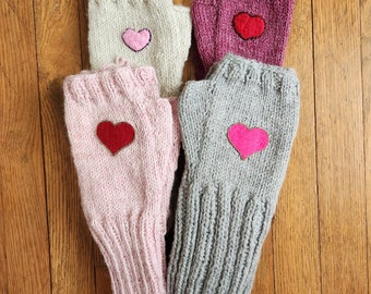 adult knit fingerless gloves, heart stitched