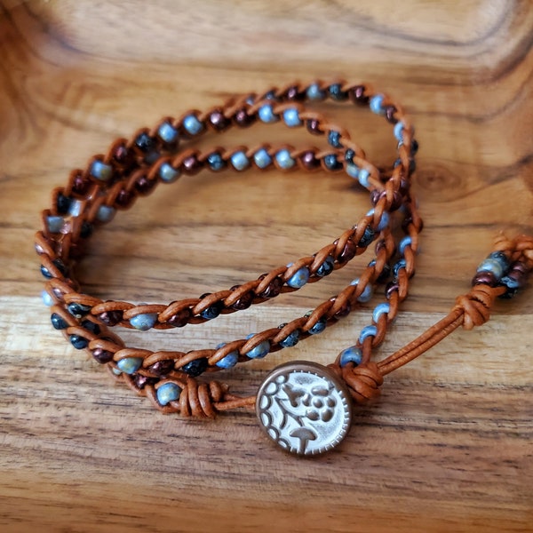 Triple Wrap Braided Leather and Bead Bracelet