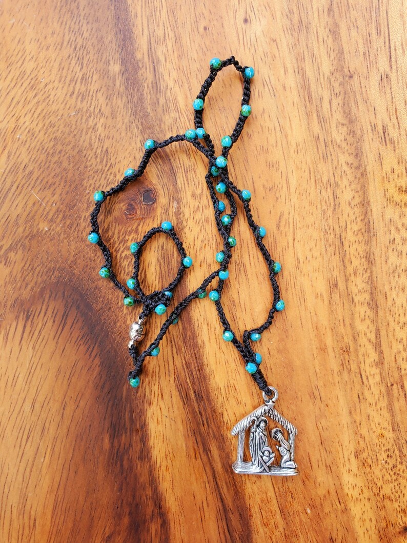 nativity necklace, Christmas necklace, crochet beaded holiday necklace, holy family, religious gift black/blue/silver