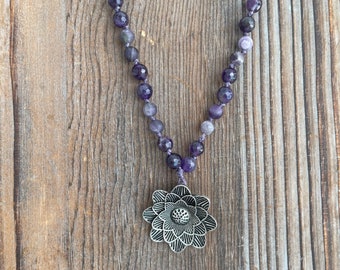 Amethyst beaded necklace silver flower boho necklace women’s gift Fair trade jewelry