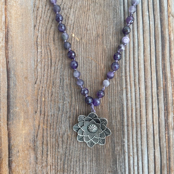 Amethyst beaded necklace silver flower boho necklace women’s gift Fair trade jewelry