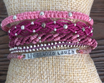 Inspirational multi strand bracelet, womens gift Live Love Laugh, bracelet Pink stacking gifts under 30 teen gift