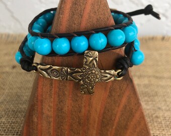 Double wrap bracelet bronze cross turquoise wrap with bronze button gift womens jewelry boho bracelet inspirational religious bracelet