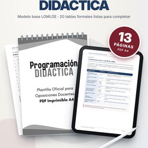Puede incluir: Plantilla digital de programación didáctica para docentes, con un documento encuadernado en espiral y una tableta mostrando páginas PDF A4. El texto dice Programación Didáctica, 13 Páginas y Proresourceslab. Incluye 20 tablas formales.