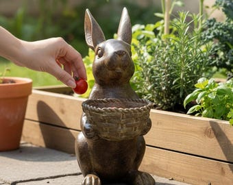 Estatua rústica de conejito para jardín con cesta, adorno exterior estilo cottagecore, gnomo caprichoso, regalo