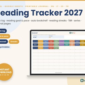 Puede incluir: Un rastreador de lectura digital 2027 para Excel y Google Sheets con una interfaz de estantería que muestra títulos de libros, barras de progreso y objetivos. La pantalla incluye etiquetas de texto para registro y metas.