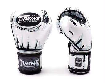 Twins Special Boxing Gloves White Black, Muay Thai Training Gloves, Kickboxing Sparring Gloves, Martial Arts Gear, Boxing Gift