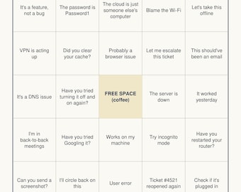 Tarjeta de bingo de soporte técnico / Divertido juego de oficina imprimible / Humor de soporte técnico / Juego para fomentar el trabajo en equipo / Descarga instantánea en PDF