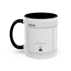May include: A white ceramic mug with a black interior and handle. The exterior features a comic strip titled Small Talk, showing a character asking How are you, AI? in a speech bubble. The base includes the text CTRL ALT MUG - PROOF SHEET RUN NO. 0043.