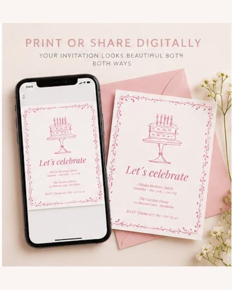 Pink Grad Invite Template Pink Birthday Cake Invitation Template, Editable Kids Birthday Party ...