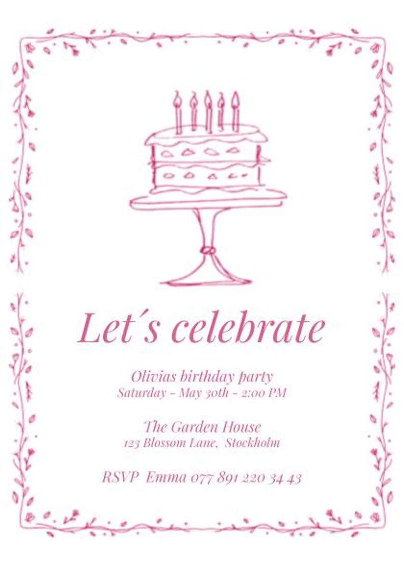 Cake Event Invite Pink Birthday Cake Invitation Template, Editable Kids Birthday Party ...